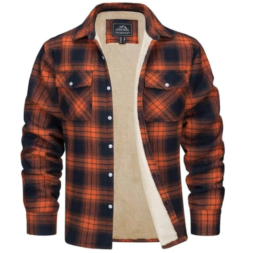 Men's checked shirt jacket with long sleeves, chest pockets and visible fleece lining