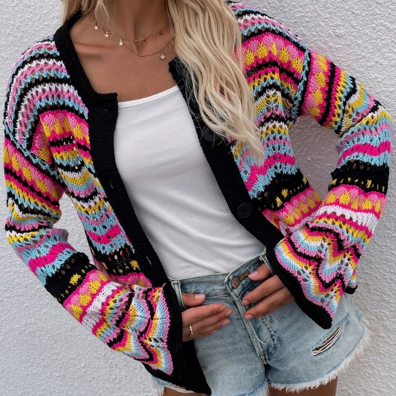 Women's multicoloured striped knit cardigan with V-neck and button front