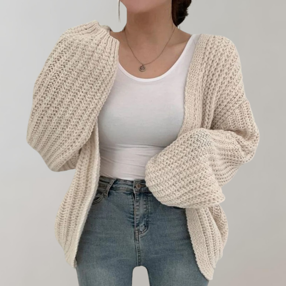 Women's chunky knit cardigan with an open front and oversized long sleeves
