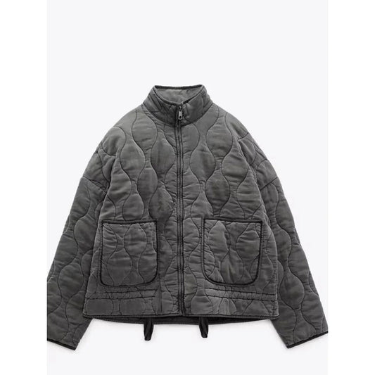 Women's quilted puffer jacket with stand collar, zip front and two patch pockets