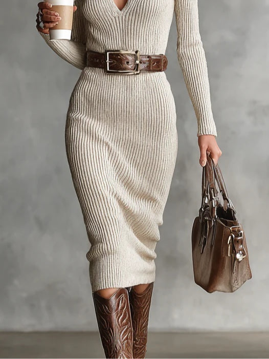 Women's cream ribbed V-neck midi dress with long sleeves and belt