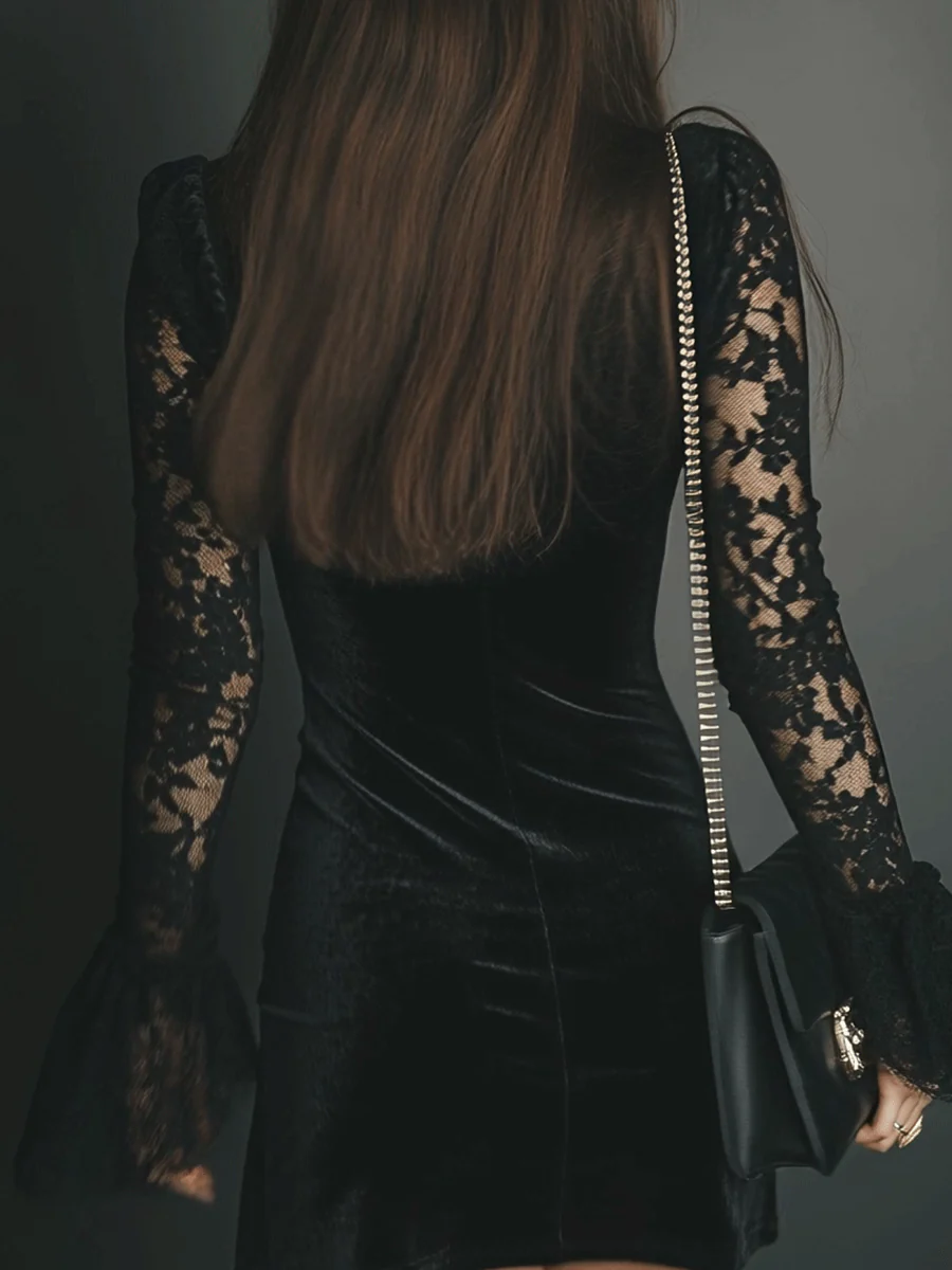 Women's black velvet mini dress with V-neckline and long lace sleeves