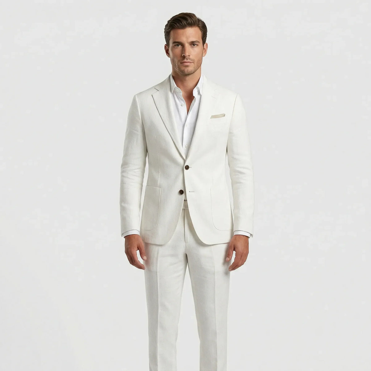 Men's tailored two-piece suit with notched lapels, long sleeves and straight-leg trousers