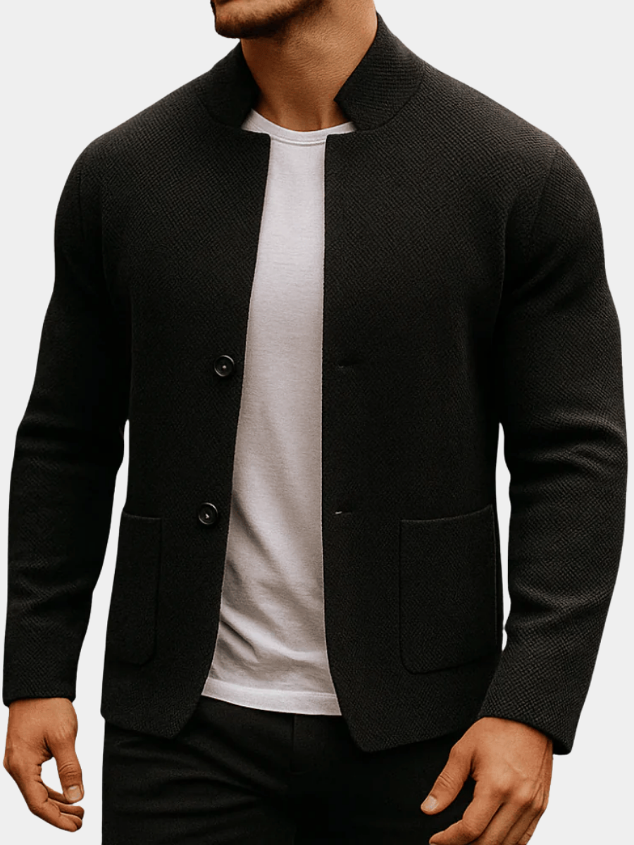 Men's textured knit cardigan with Mandarin collar, button front and patch pockets