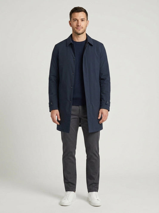 Men's padded button-front coat with shirt collar and quilted interior