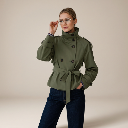 Women's belted double-breasted trench coat with high collar and long sleeves