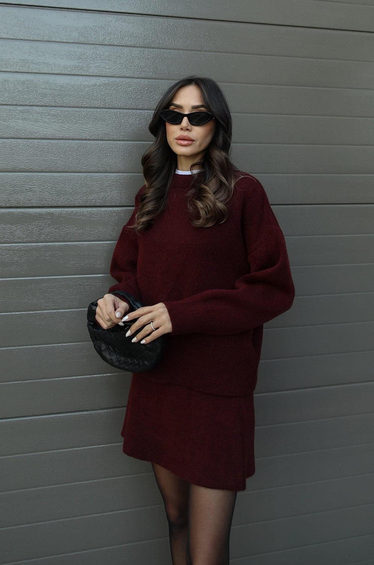 Women's long-sleeve knit sweater and short skirt set