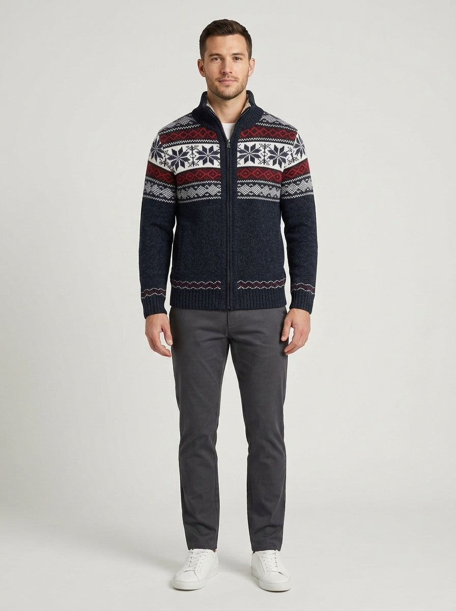 Men's zip-up cardigan with Nordic geometric pattern and stand collar