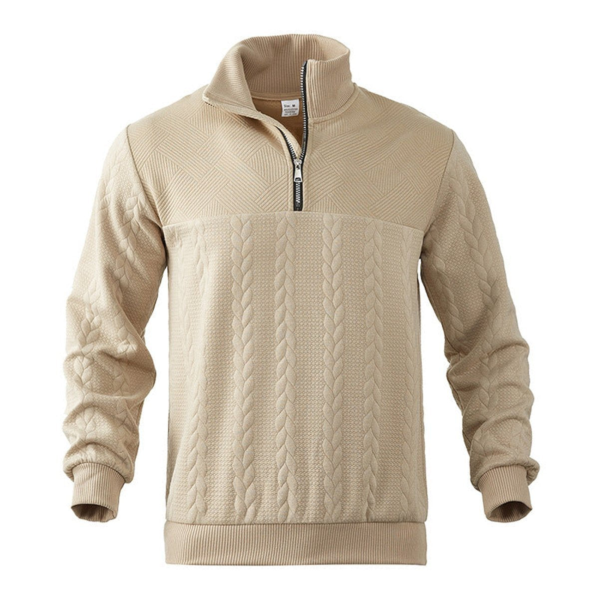 Men's cable knit quarter-zip sweater with mock neck and long sleeves