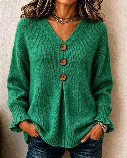 Women's V-neck button cardigan with long sleeves and ribbed knit texture