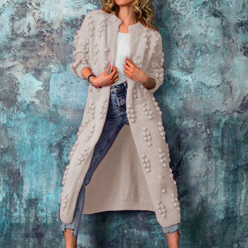Women's long textured cable knit cardigan with open front and long sleeves