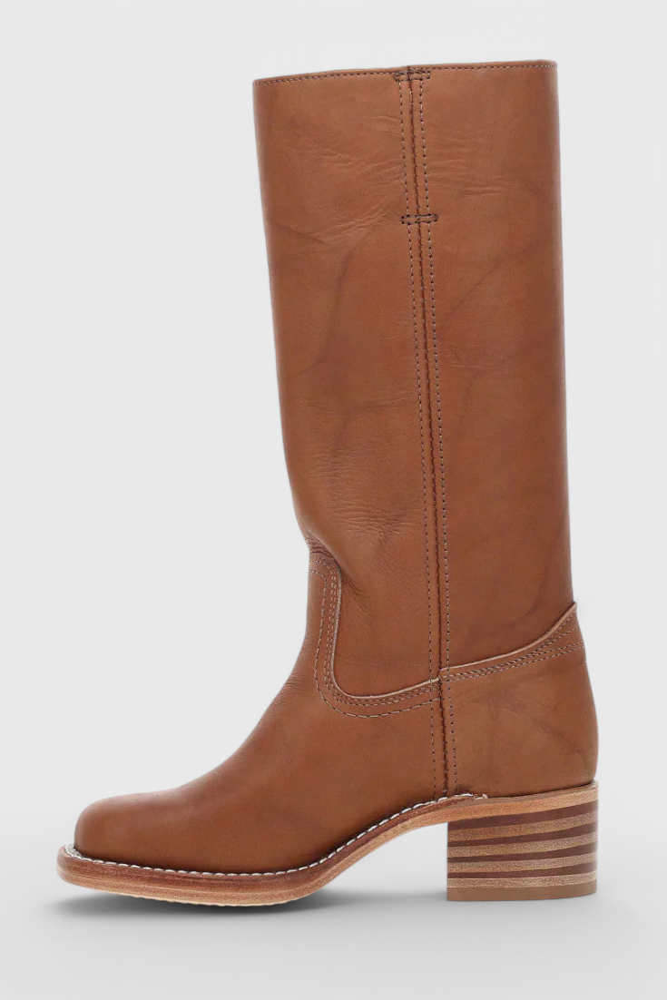 Tall pull-on boots with square toes and low block heels