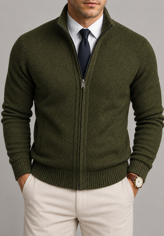 Men's textured zip-up cardigan with mock neck and ribbed trims