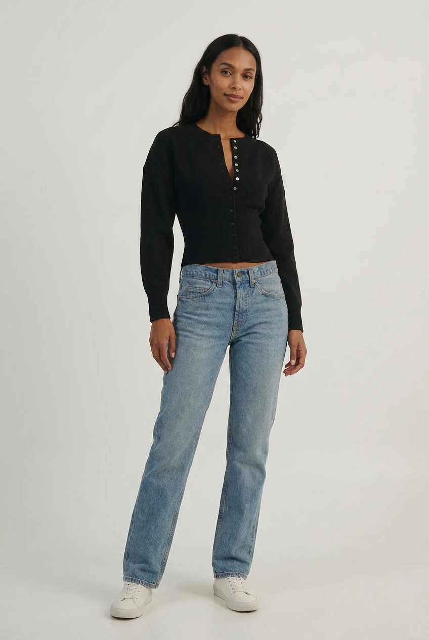 Women's slim-fit cropped button-front cardigan with long sleeves