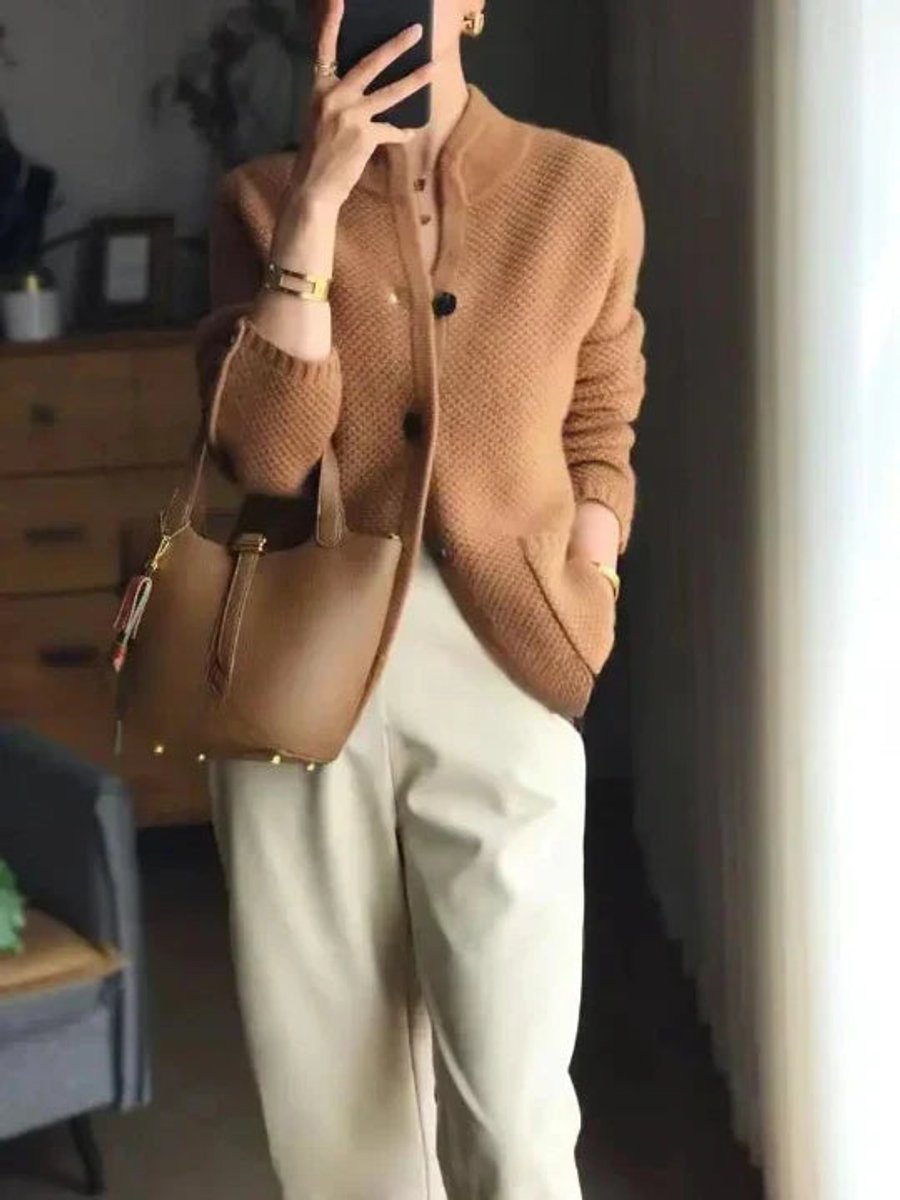Women's textured knit cardigan with stand collar, buttons, long sleeves and patch pockets