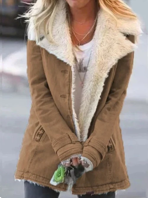 Women's hip-length coat with long sleeves, button front and shearling-style collar