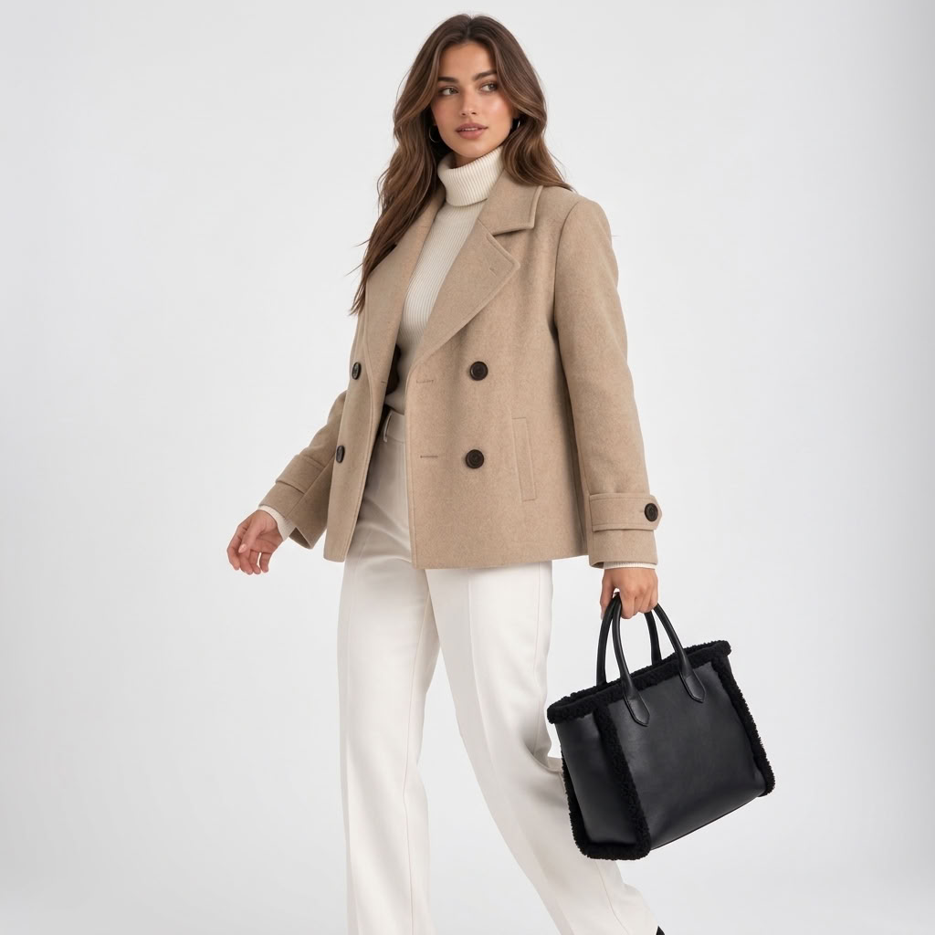Women's short double-breasted coat with notched lapels and buttoned cuffs