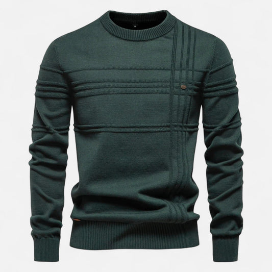 Men's long sleeve striped crew neck sweater with ribbed trims