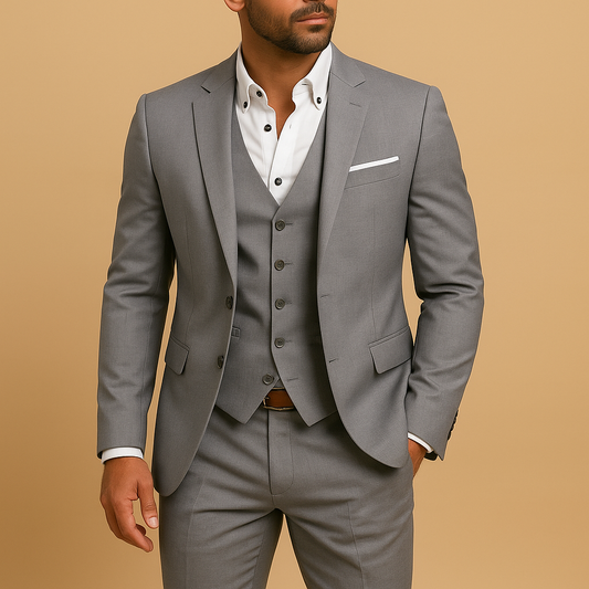 Men's three-piece slim fit suit with notched lapels, waistcoat and trousers