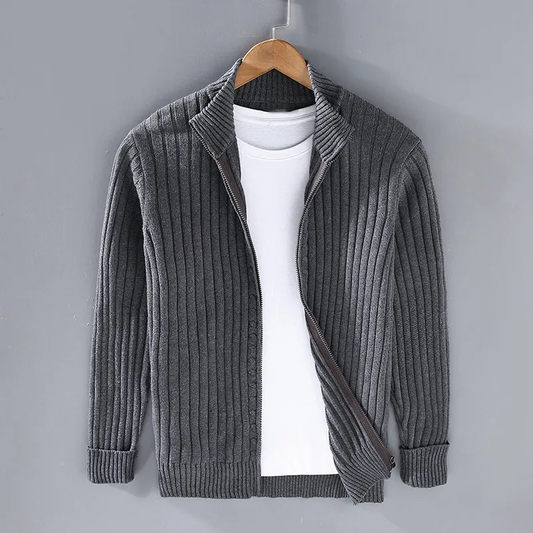 Men's ribbed knit cardigan with mock collar and full front zipper