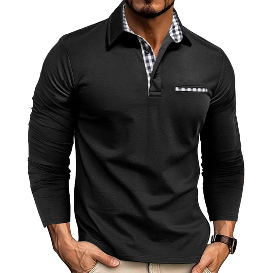 Men's long-sleeve polo shirt with checked collar and chest pocket