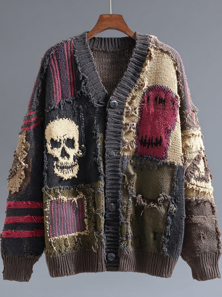 Unisex patchwork cardigan with skull and face graphics, V-neck and button front