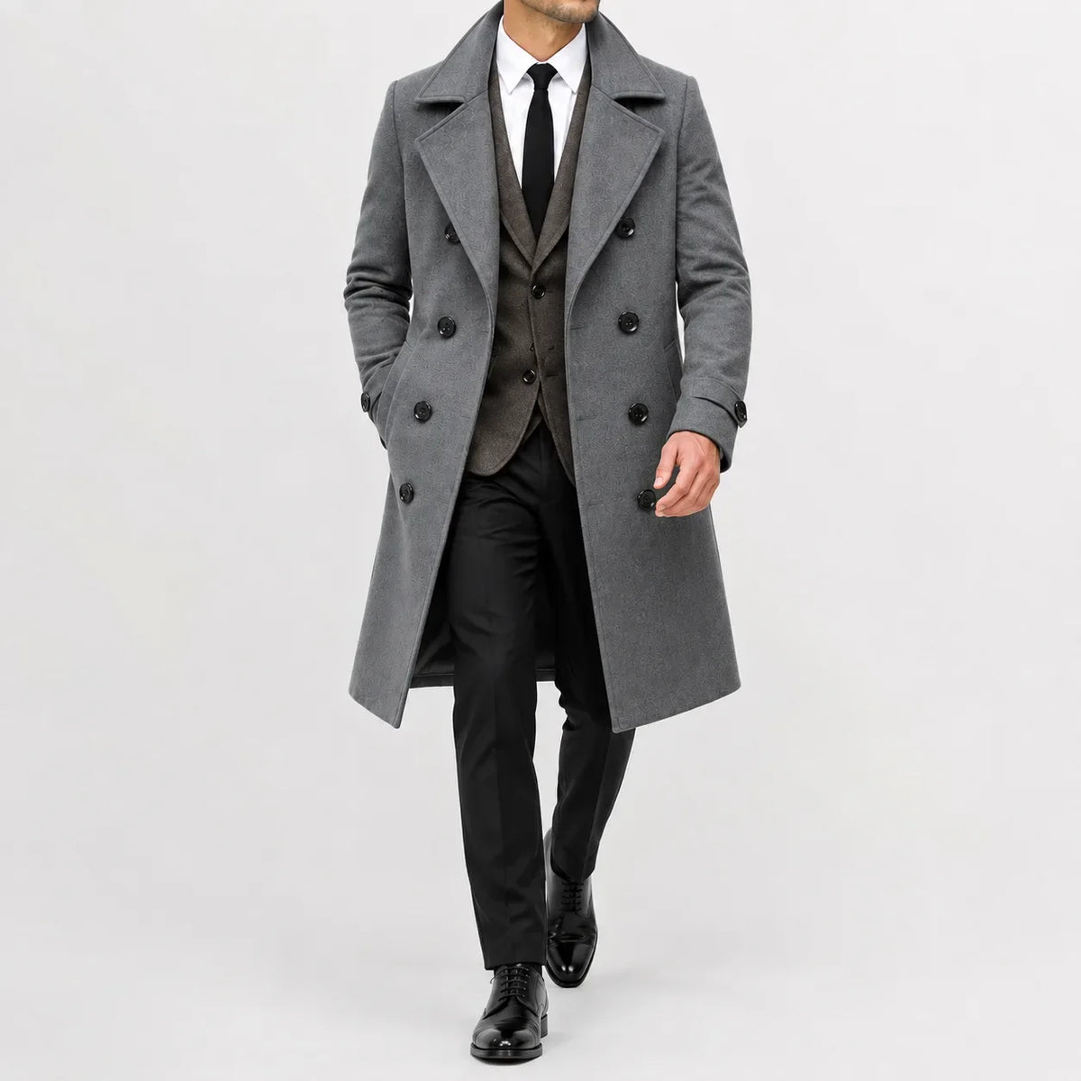 Men's long double-breasted trench coat with notched lapels and buttoned cuffs