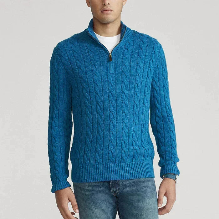 Men's cable knit quarter-zip sweater with mock neck and long sleeves