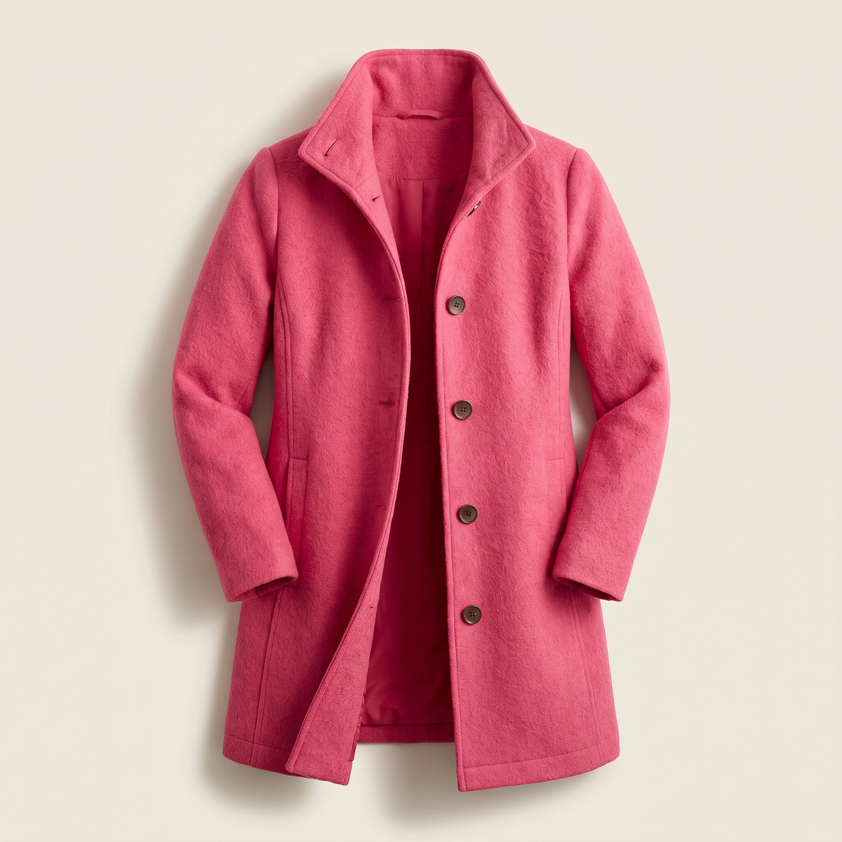 Women's structured trench coat with long sleeves, button front and collared neckline