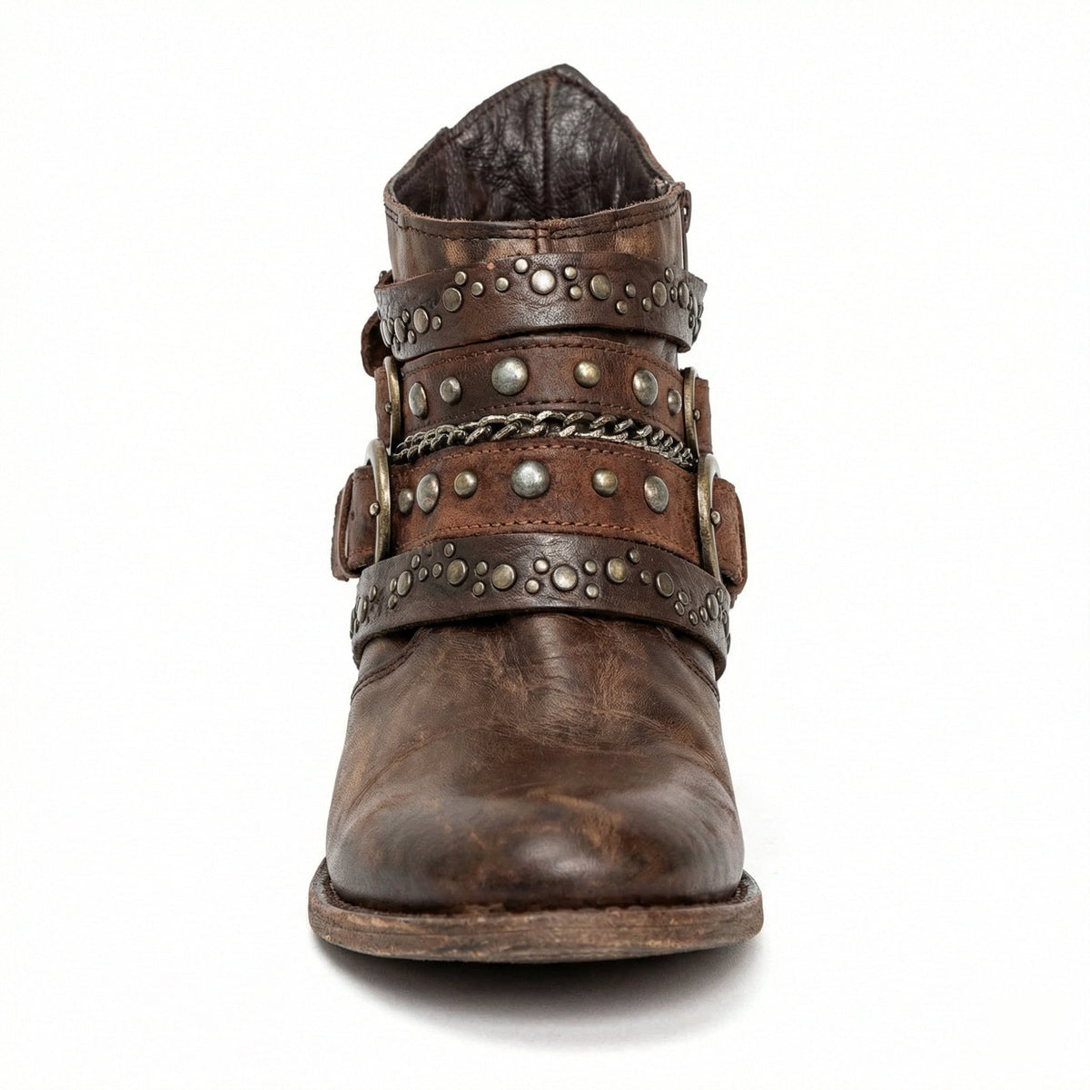 Women's studded ankle boots with multiple buckle straps and low block heels