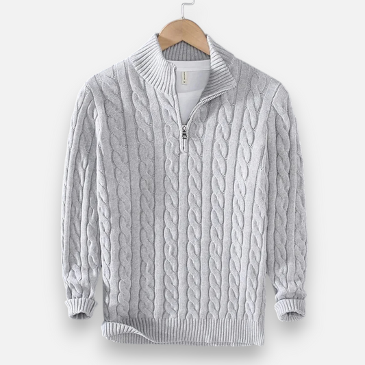 Men's cable-knit quarter-zip sweater with mock neck and long sleeves