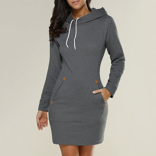 Women's long-sleeve hooded knee-length dress with drawstrings and front pockets
