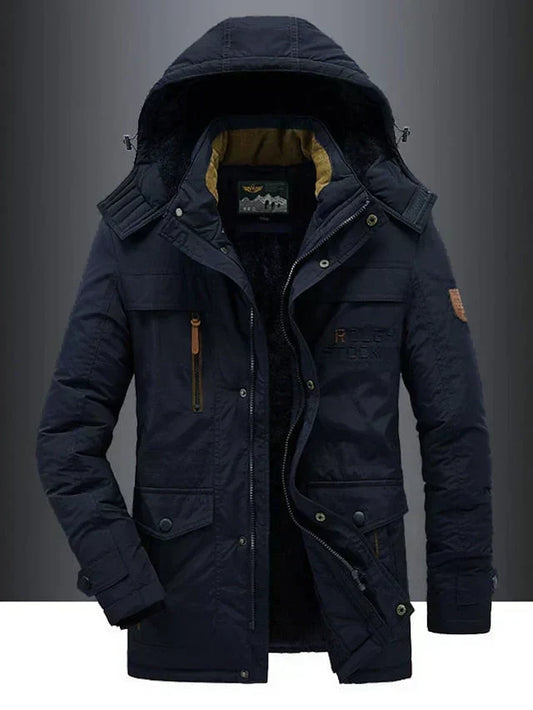 Men's hooded winter jacket with fleece-textured lining, zip front and utility pockets