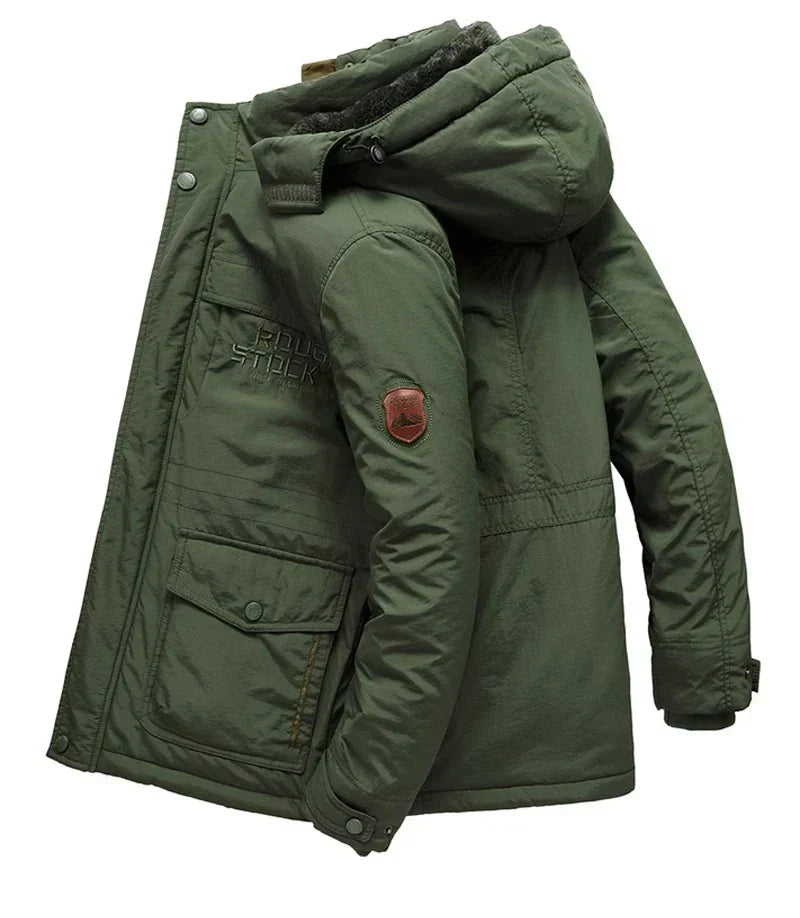 Men's hooded winter jacket with fleece-textured lining, zip front and utility pockets