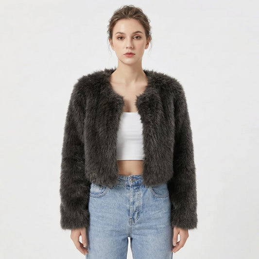 Women's cropped textured jacket with long sleeves and open front