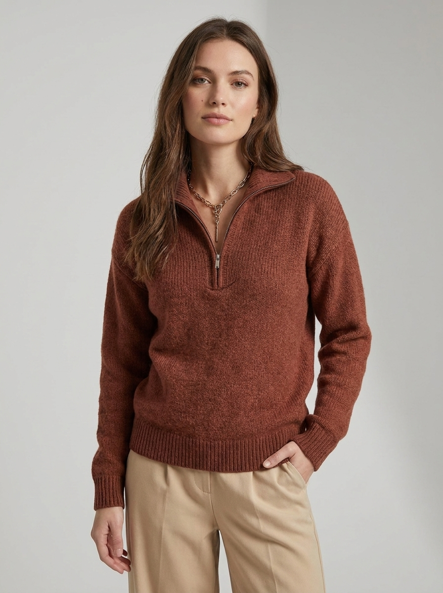 Women's ribbed quarter zip sweater with mock neck and long sleeves