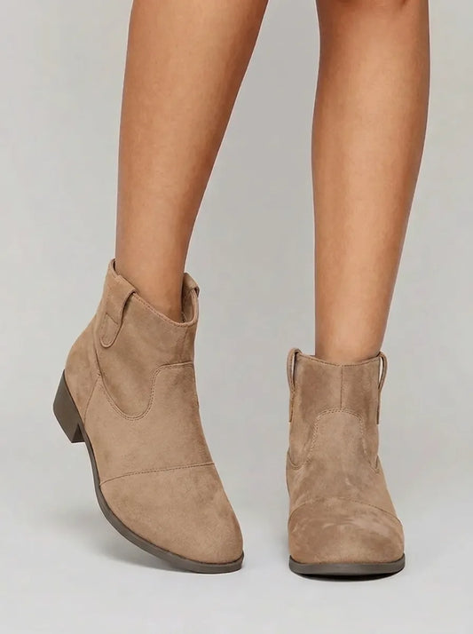 Women's ankle boots with western stitching, pull tabs and mid block heels