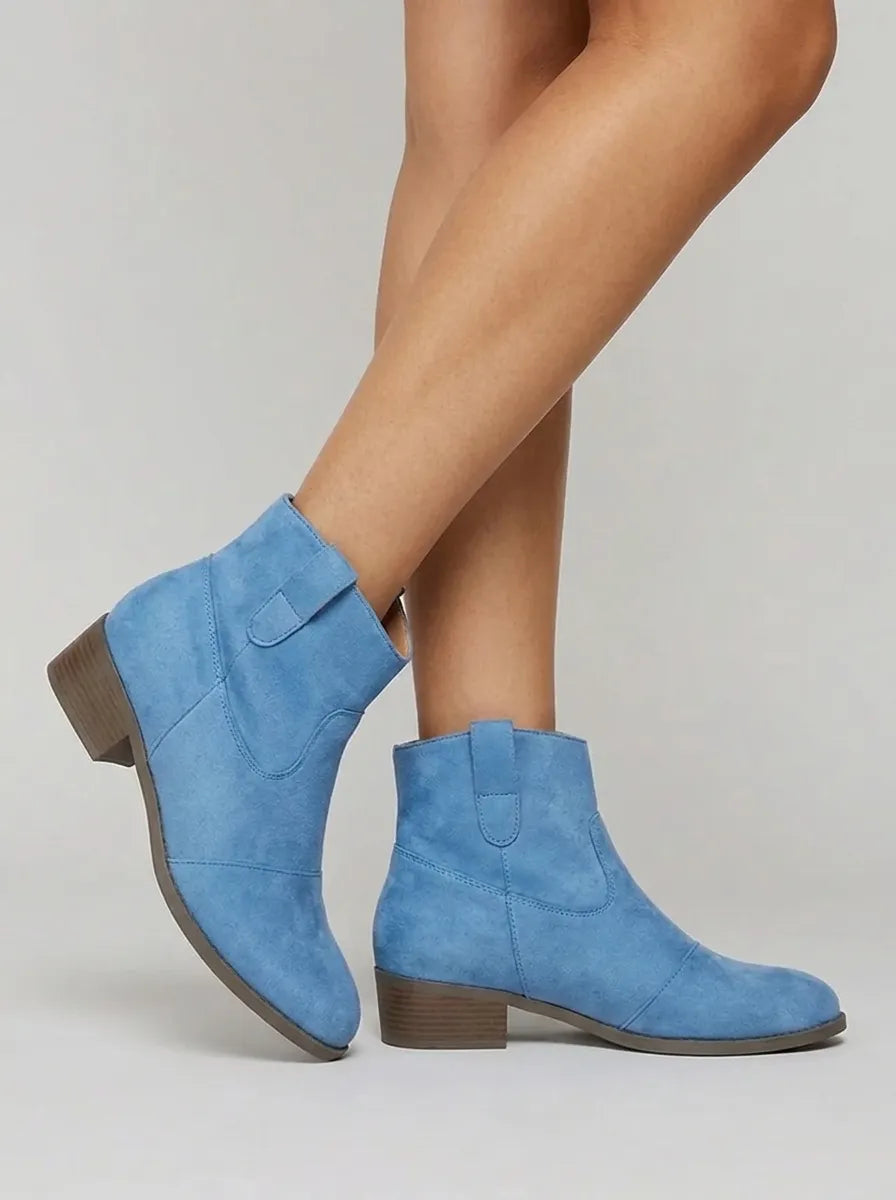 Women's ankle boots with western stitching, pull tabs and mid block heels