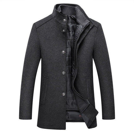 Men's mid-length winter coat with stand collar, buttons and quilted lining