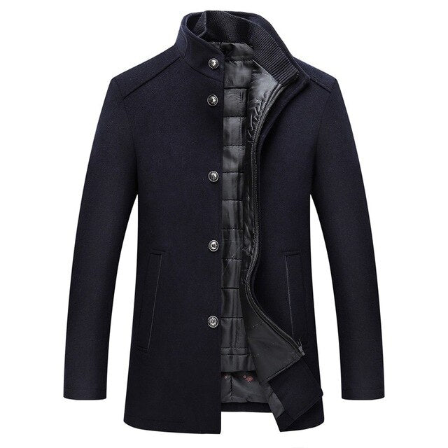 Men's mid-length winter coat with stand collar, buttons and quilted lining