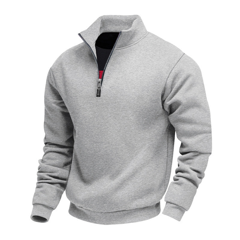 Men's solid quarter-zip sweatshirt with high collar and long sleeves