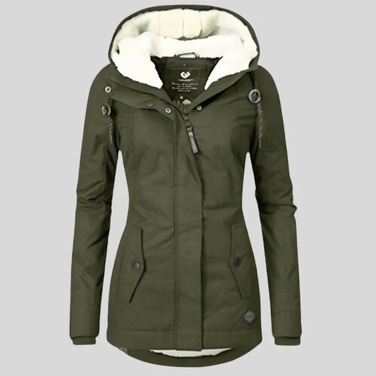 Women's hooded padded jacket with plush-lined hood and long sleeves
