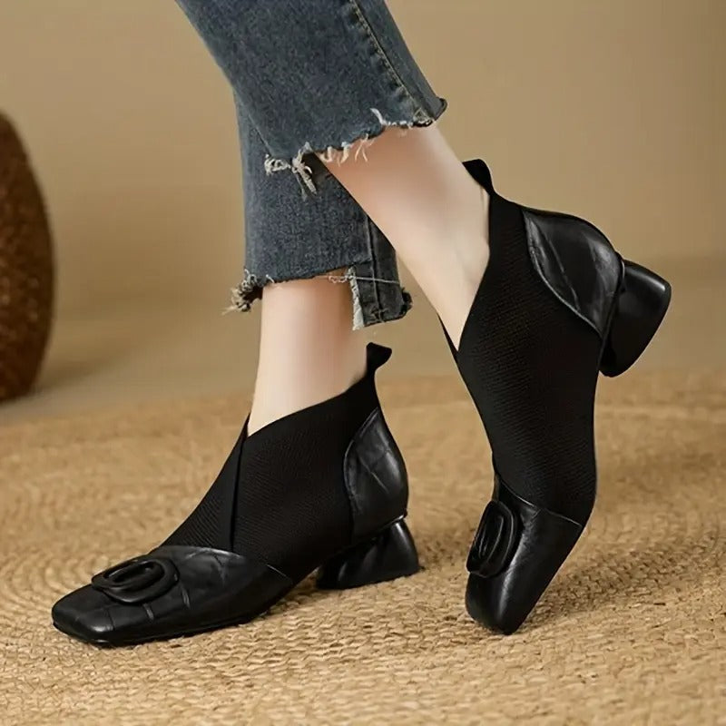 Women's ankle boots with square toes, decorative buckle details and block heels