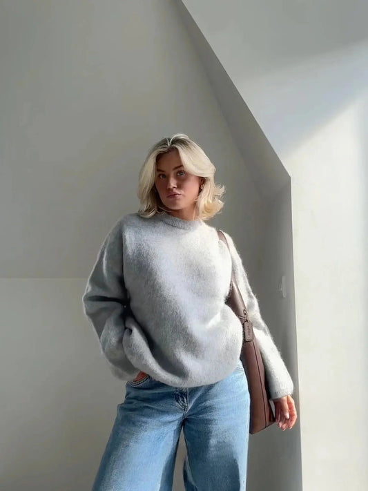 Women's oversized fuzzy knit sweater with crew neck and long sleeves
