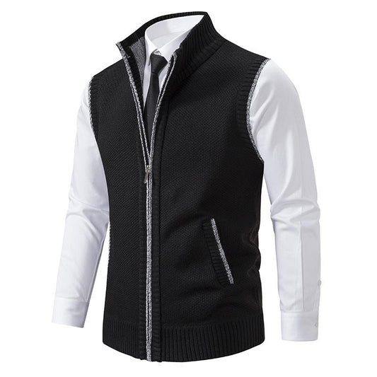 Men's textured sleeveless vest with mock neck, zip front and angled pockets