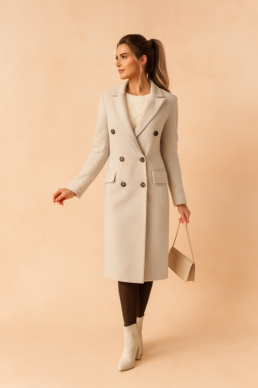 Women's double-breasted long coat with lapels and flap pockets