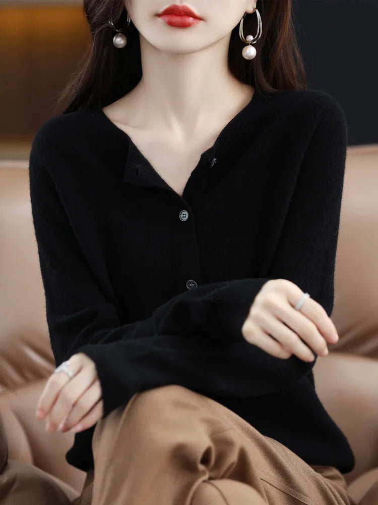 Women's long-sleeve button cardigan with crew neckline and ribbed trims