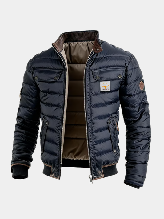 Men's navy quilted jacket with stand collar and zip front