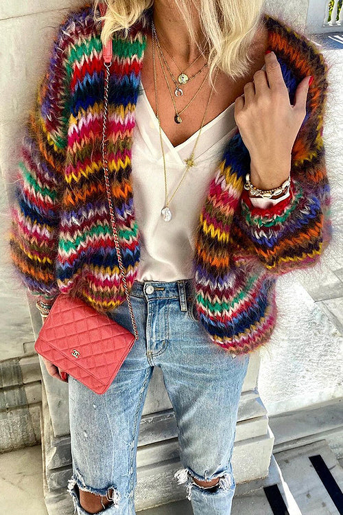 Women's multicolour striped knit cardigan with long sleeves and open front