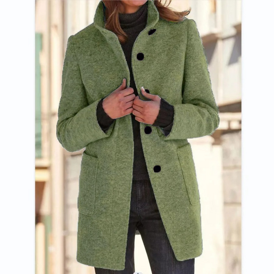 Women's high collar button front coat with long sleeves and two pockets